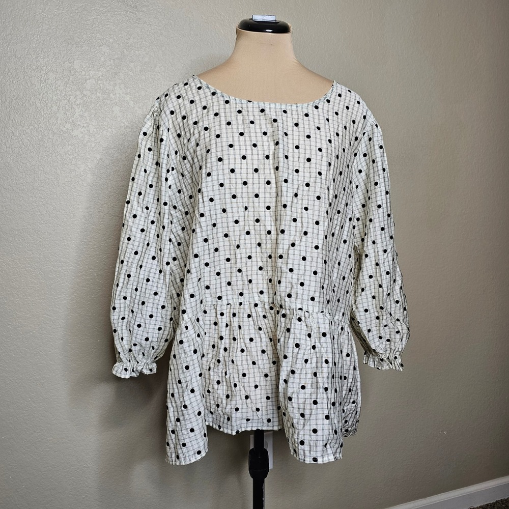 NWT Perch 3XL Polka Dot Grid Peplum Top Tie Back White Black babydoll
